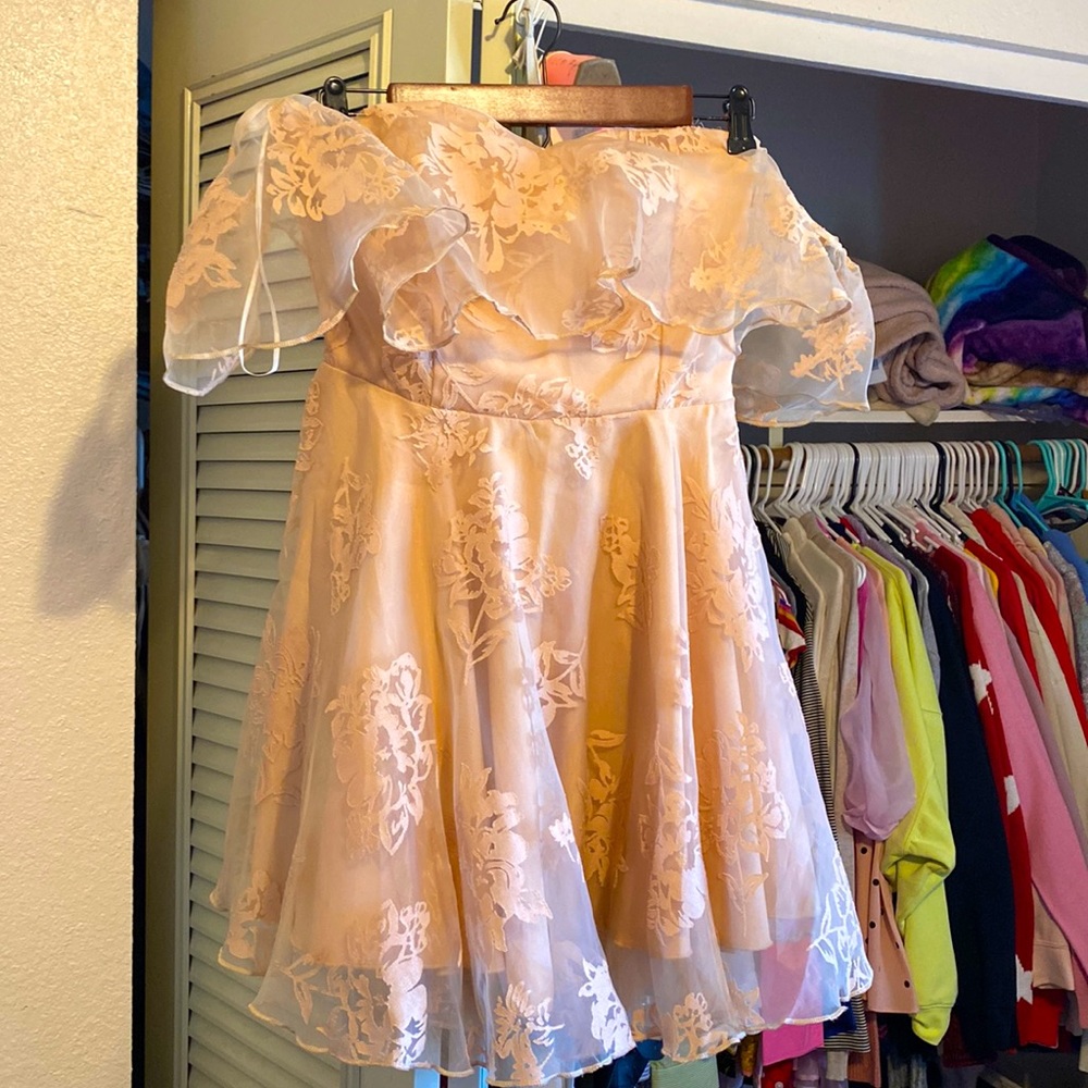 Showpo off the shoulders nude lace party dress